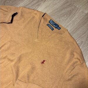 Polo Ralph Lauren Sweater Men 2XL Tan Beige V-Neck Pullover Embroidery Pima XXL